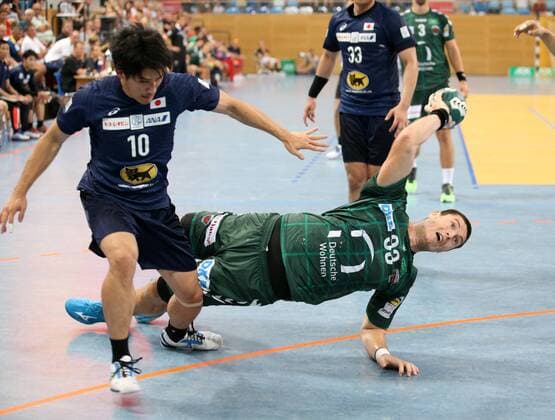 GER 1 HBL FUECHSE BERLIN VS National Team Japan 03 08 2018 Airship Port Berlin GER 1 HBL FUECHSE BERLIN VS National Team Japan in the picture Mijajlo Marsenic Fuechse Berlin 93 Naoki Sugioka nordphotox xEngler nph00076