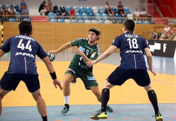 GER 1 HBL FUECHSE BERLIN VS National Team Japan 03 08 2018 Airship Port Berlin GER 1 HBL FUECHSE BERLIN VS National Team Japan in the picture Jacob Tandrup Holm Fuechse Berlin 6 Kohei Narita Tetsuya Kadoyama nordphotox xEngler nph00076