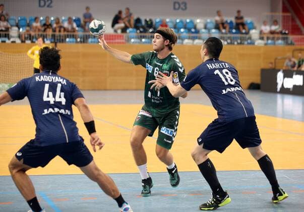 GER 1 HBL FUECHSE BERLIN VS National Team Japan 03 08 2018 Airship Port Berlin GER 1 HBL FUECHSE BERLIN VS National Team Japan in the picture Jacob Tandrup Holm Fuechse Berlin 6 Kohei Narita Tetsuya Kadoyama nordphotox xEngler nph00076
