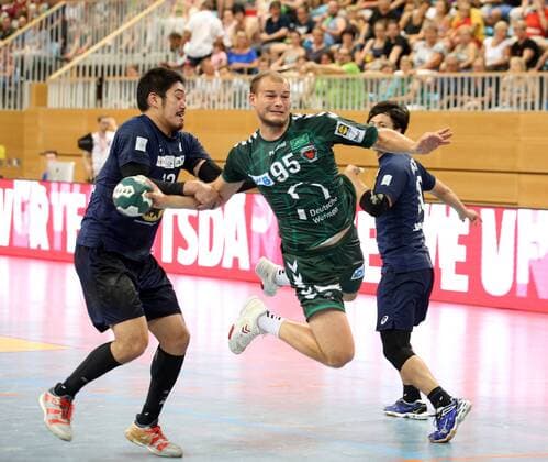GER 1 HBL FUEL BERLIN VS National Team Japan 03 08 2018 Airship Port Berlin GER 1 HBL FUEL BERLIN VS National Team Japan in the picture Paul Drux Fuechse Berlin 95 Kenya Kasahra nordphotox xEngler nph00076