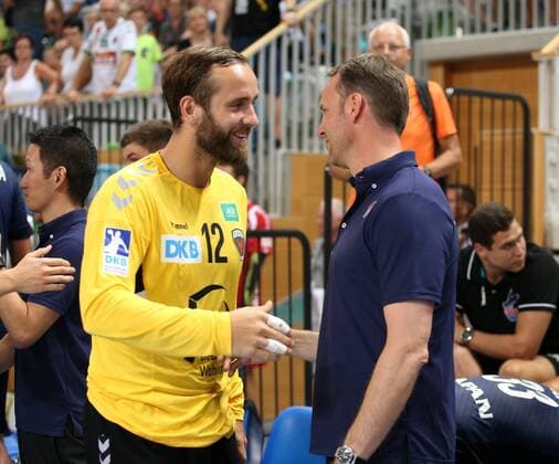 GER 1 HBL FUECHSE BERLIN VS National Team Japan 03 08 2018 Airship Port Berlin GER 1 HBL FUECHSE BERLIN VS National Team Japan in the picture Silvio Heinevetter Fuechse Berlin 12 Head Coach Head Coach Dagur Sigurdsson nordphotox xEngler nph00076