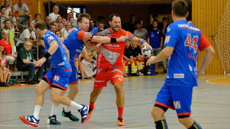 03 08 2018 xkhx Sparkassen Handball Cup 2018 MT Melsungen against HC Erlangen Michael Müller 25 MT Melsungen against Nicolai Theilinger Erlangen