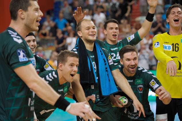 Handball 03 08 2018 Start of the season 2018 2019 FLITZTURNIER in the MBS Arena Potsdam FUZE Berlin geg 1 VfL Potsdam JUBEL from left to right Mijajlo MARSENIC 93 Fuechse Jacob Tandrup HOLM 6 Füchse Bjarki Mar ELISSON 4 Fuechse Paul DRUX 95 Fuechse Frederik SIMAK 24 Fuechse Fabian WIEDE 3 Fuechse TW Malte SEMICO 16 fish