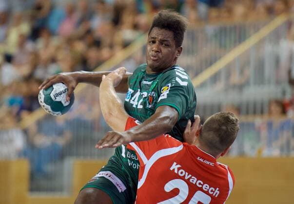 Handball 03 08 2018 Season opener 2018 2019 FLITZTURNIER in the MBS Arena Potsdam FUZE Berlin geg 1 VfL Potsdam Wael JALLOUZ 42 Fuechse geg Marek KOVACECH 25 VfL