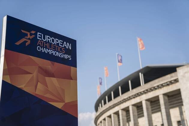 Feature a poster of the European Athletics Championships European Athletics Championships in front of the Olympic Stadium on 04 08 2018 European Athletics Championships 2018 in Berlin Germany on 06 08 12 08 2018