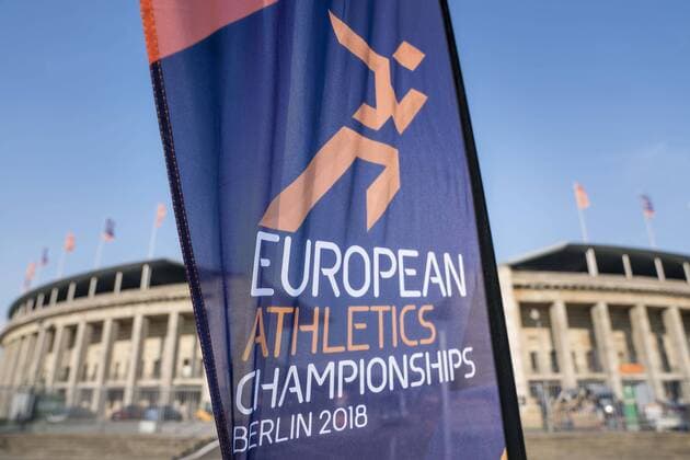 Feature a banner of the European Athletics Championships European Athletics Championships Berlin 2018 in front of the Olympic Stadium on 04 08 2018 European Athletics Championships 2018 in Berlin Germany on 06 08 12 08 2018