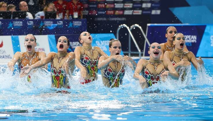 Sport Themen der Woche KW31 Sport Bilder des Tages SWIMMING - LEN European Championships GLASGOW,SCOTLAND,05.AUG.18 - SWIMMING - LEN European Championships Glasgow 2018, synchronised swimming, team combination. Image shows the team of AUT. GEPAxpictures xPhilippxBrem