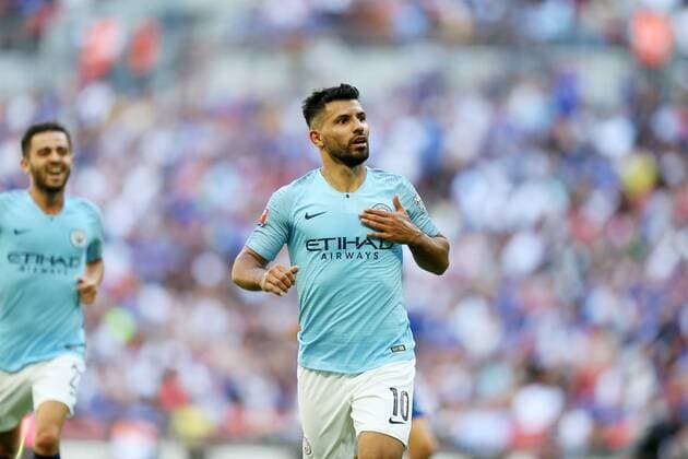 5th August 2018, Wembley Stadium, London, England; FA Community Shield, Chelsea versus Manchester City; Sergio Aguero of Manchester City celebrates towards the Manchester City fans after scoring his sides 2nd goal in the 57th minute to make it 0-2  ActionPlus12053324 JohnxPatrickxFletcher