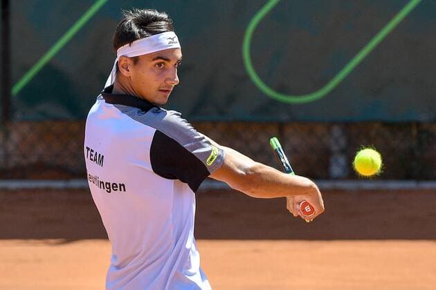 GER 1 Tennis Point Bundesliga Men Tennis Eternal Love BW Neuss vs TV Reutlingen 1 05 08 2018 Tennis Eternal Love BW Neuss GER 1 Tennis Point Bundesliga Men Tennis Eternal Love BW Neuss vs TV Reutlingen 1 in the picture Sonego Lorenzo ITA on the backhand beat nph Mauelshagen nph00321