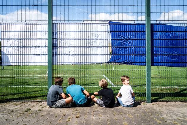 Berlin Germany 05 08 2018 Young fans playing the NOFV Oberliga Nord between SV Blau Weiß 90 and Tennis Borussia