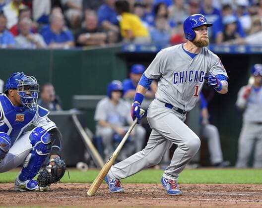 August 6, 2018 - Kansas City, MO, USA - Chicago Cubs Ben Zobrist follows through on a triple in the fourth inning during Monday s baseball game against the Kansas City Royals on August 6, 2018 at Kauffman Stadium in Kansas City, Mo. Royals vs Cubs - ZUMAm67_ 20180806_zaf_m67_032 Copyright: xJohnxSleezerx