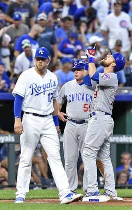 August 6, 2018 - Kansas City, MO, USA - Chicago Cubs Ben Zobrist celebrates his fourth inning triple in front of Kansas City Royals third baseman Hunter Dozier during Monday s baseball game on August 6, 2018 at Kauffman Stadium in Kansas City, Mo. Royals vs Cubs - ZUMAm67_ 20180806_zaf_m67_048 Copyright: xJohnxSleezerx