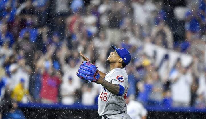 August 6, 2018 - Kansas City, MO, USA - Chicago Cubs relief pitcher Pedro Strop celebrates closing out the game for a 3-1 win against the Kansas City Royals during Monday s baseball game on Aug.6, 2018 at Kauffman Stadium in Kansas City, Mo. Royals vs Cubs - ZUMAm67_ 20180806_zaf_m67_056 Copyright: xJohnxSleezerx