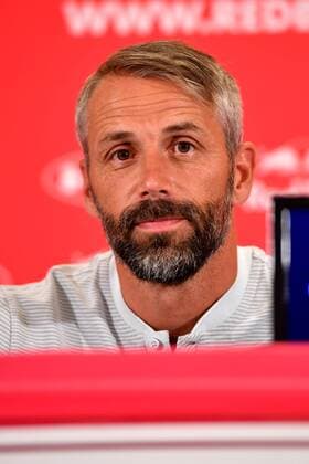 SOCCER - CL, RBS vs Shkendjia SALZBURG,AUSTRIA,07.AUG.18 - SOCCER - UEFA Champions League, qualification, Red Bull Salzburg vs KF Shkendjia, preview, press conference PK Pressekonferenz RBS. Image shows head coach Marco Rose (RBS). GEPAxpictures xFlorianxErtl