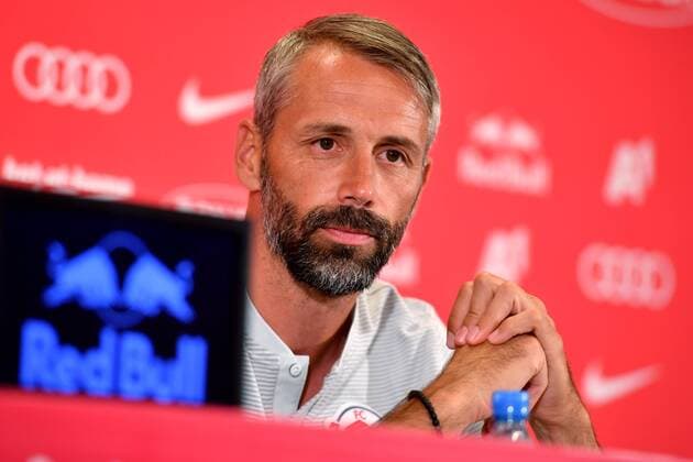 SOCCER - CL, RBS vs Shkendjia SALZBURG,AUSTRIA,07.AUG.18 - SOCCER - UEFA Champions League, qualification, Red Bull Salzburg vs KF Shkendjia, preview, press conference PK Pressekonferenz RBS. Image shows head coach Marco Rose (RBS). GEPAxpictures xFlorianxErtl