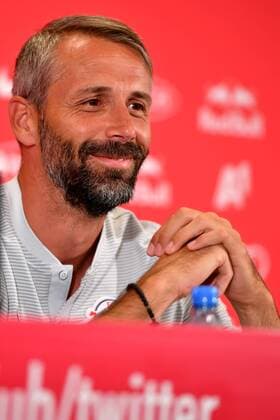 SOCCER - CL, RBS vs Shkendjia SALZBURG,AUSTRIA,07.AUG.18 - SOCCER - UEFA Champions League, qualification, Red Bull Salzburg vs KF Shkendjia, preview, press conference PK Pressekonferenz RBS. Image shows head coach Marco Rose (RBS). GEPAxpictures xFlorianxErtl
