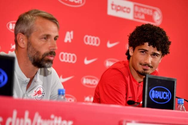 SOCCER - CL, RBS vs Shkendjia SALZBURG,AUSTRIA,07.AUG.18 - SOCCER - UEFA Champions League, qualification, Red Bull Salzburg vs KF Shkendjia, preview, press conference PK Pressekonferenz RBS. Image shows head coach Marco Rose and Andre Ramalho (RBS). GEPAxpictures xFlorianxErtl