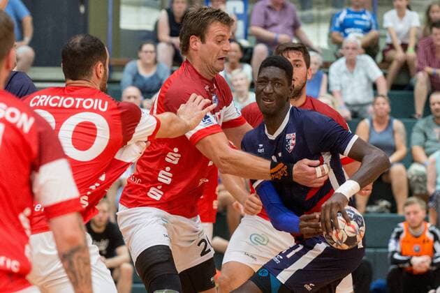 Csaba Szücs 20 Bergisch HC in a duel with Abou Fofana 11 Team USA Bergischer HC vs Team USA Handball HBL Test match 07 08 18 Solingen NRW Germany Klingenhalle Copyright: xdnet_cdnx
