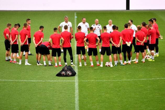 SOCCER - CL, RBS vs Shkendija SALZBURG,AUSTRIA,07.AUG.18 - SOCCER - UEFA Champions League, qualification, Red Bull Salzburg vs KF Shkendija, preview, training Shkendija. Image shows the team of Shkendija. GEPAxpictures xFlorianxErtl