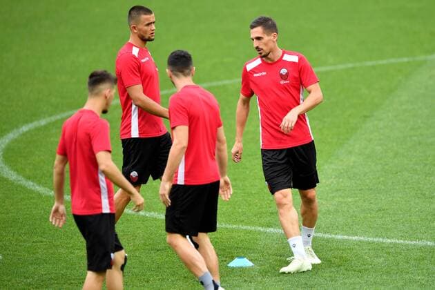 SOCCER - CL, RBS vs Shkendija SALZBURG,AUSTRIA,07.AUG.18 - SOCCER - UEFA Champions League, qualification, Red Bull Salzburg vs KF Shkendija, preview, training Shkendija. Image shows players of Shkendija and Armend Alimi (Shkendjia). GEPAxpictures xFlorianxErtl