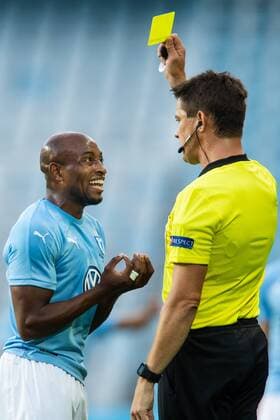 180807 Fouad Bachirou or Malmö FF gets a yellow card during the UEFA Champions League qualifying match between Malmö FF and Vidi on August 7, 2018 in Malmö Photo Mathilda Ahlberg BILDBYRAN Cop 178  Copyright: MATHILDAxAHLBERG BB180807MA014