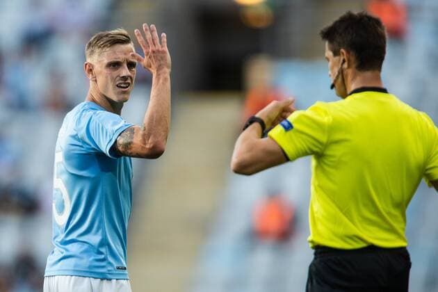 180807 Sören Rieks of Malmö FF reacts against the referee during the UEFA Champions League qualifying match between Malmö FF and Vidi on August 7, 2018 in Malmö Photo Mathilda Ahlberg BILDBYRAN Cop 178  Copyright: MATHILDAxAHLBERG BB180807MA015