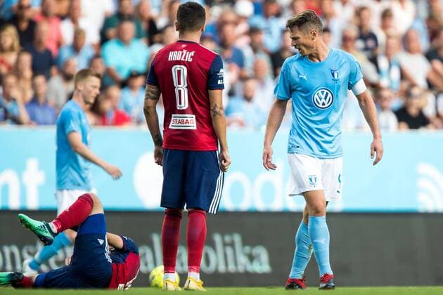180807 Markus Rosenberg or Malmö FF reacts against Boban Nikolov or Vidi during the UEFA Champions League qualifying match between Malmö FF and Vidi on August 7, 2018 in Malmö Photo Mathilda Ahlberg BILDBYR N Cop 178  Copyright: MATHILDAxAHLBERG BB180807MA023