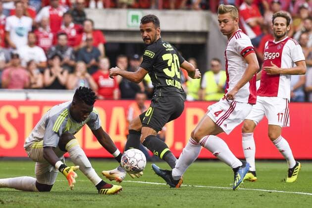 Standard s Orlando Sa, Ajax Matthijs de Ligt and Ajax goalkeeper Andre Onana fight for the ball during the soccer match between Belgian Standard de Liege and Dutch AFC Ajax Amsterdam, Tuesday 07 August 2018 in Liege. This is the first leg of the third qualifying round of the UEFA Champions League. LAURIExDIEFFEMBACQ  x05400451x