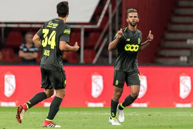 (L-R) Konstantinos Laifis of Standard Luik, Mehdi Carcela of Standard Luik during the UEFA Champions League third round qualifying first leg match between Royal Standard de Liege and Ajax Amsterdam at Stade Maurice Dufrasne on August 07, 2018 in Liege, Belgium UEFA Champions League 2018 2019 xVIxVIxImagesx xGerritxvanxKeulenxIVx 11706328