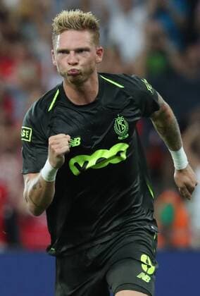 Standard s Renaud Emond celebrates after scoring during the soccer match between Belgian Standard de Liege and Dutch AFC Ajax Amsterdam, Tuesday 07 August 2018 in Liege. This is the first leg of the third qualifying round of the UEFA Champions League. VIRGINIExLEFOUR  x05400561x