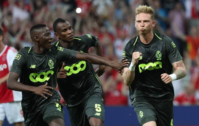 Standard s Renaud Emond celebrates after scoring during the soccer match between Belgian Standard de Liege and Dutch AFC Ajax Amsterdam, Tuesday 07 August 2018 in Liege. This is the first leg of the third qualifying round of the UEFA Champions League. VIRGINIExLEFOUR  x05400559x