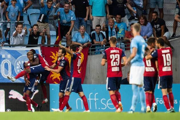 180807 LoÃ¯c Nego or Vidi celebrate with team mates after scoring 1 1 during the UEFA Champions League qualifying match between Malmö FF and Vidi on August 7, 2018 in Malmö Photo Mathilda Ahlberg BILDBYRAN Cop 178  Copyright: MATHILDAxAHLBERG BB180807MA090