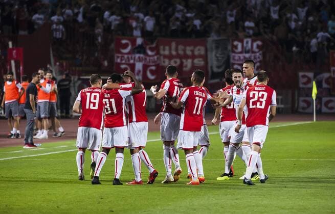 7th August 2018, Rajko Mitic Stadium, Belgrade, Serbia; UEFA Champions League football, third qualifying round, 1st leg, Red Star Belgrade versus Spartak Trnava; El Fardou Ben Nabouhane of Red Star Belgrade celebrates scoring his penalty kick goal for 1-0 in 24th minute  ActionPlus12053872 NikolaxKrstic