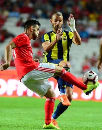 Luis Miguel Afonso Fernandes ( Pizzi ) of Benfica and Roberto Soldado of Fenerbahce during the Champions League Qualifying 3rd Round first leg match between Benfica and Fenerbahce at Estadio da Luz Stadium in Lisbon , Portugal on August 07 , 2018. 