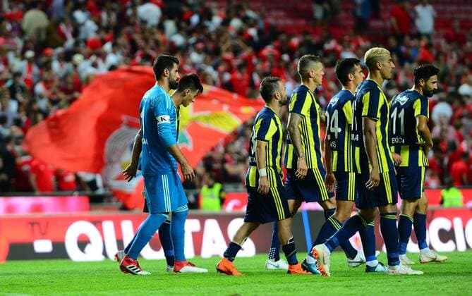 Goalkeeper Volkan Demirel , Eljif Elmas , Mathieu Valbuena , Nabil Dirar , Martin Skrtel , Baris Alici and Mehmet Ekici of Fenerbahce during the Champions League Qualifying 3rd Round first leg match between Benfica and Fenerbahce at Estadio da Luz Stadium in Lisbon , Portugal on August 07 , 2018. 