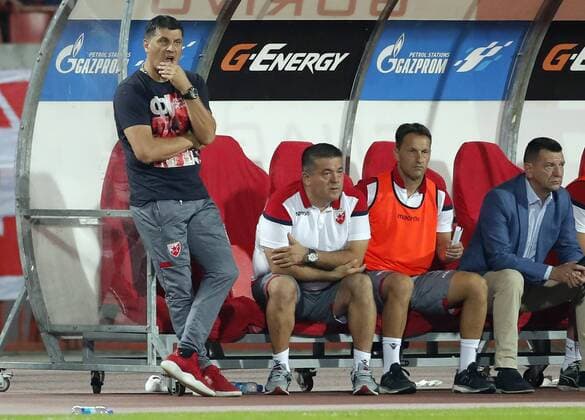 (180808) -- BELGRADE, Aug. 8, 2018 -- Crvena Zvezda s head coach Vladan Milojevic (1st L) gestures during the UEFA Champions League third qualifying round football match between Crvena Zvezda and Spartak Trnava in Belgrade, Serbia on Aug. 7. 2018. The match ended with 1-1. ) (SP)SERBIA-BELGRADE-FOOTBALL-UEFA-CHAMPIONS LEAGUE-QUALIFICATIONS PredragxMilosavljevic 