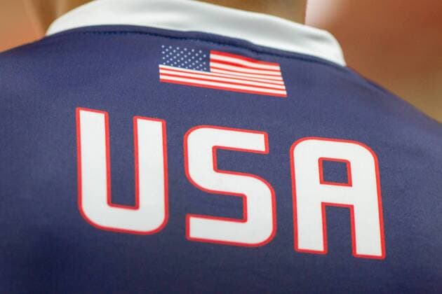 United States flag and the USA logo on the back of the Trikos of a handball national team player of the USA Bergischer HC vs Team USA Handball HBL Test match 07 08 18 Solingen NRW Germany Klingenhalle Copyright: xdnet_cdnx
