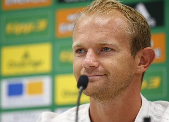 SOCCER - UEFA EL quali, Slovan vs Rapid VIENNA,AUSTRIA,08.AUG.18 - SOCCER - UEFA Europa League qualification, Slovan Bratislava vs SK Rapid Wien, preview, press conference PK Pressekonferenz Rapid. Image shows Mario Sonnleitner (Rapid). Keywords: Wien Energie. GEPAxpictures xCh.xKelemen
