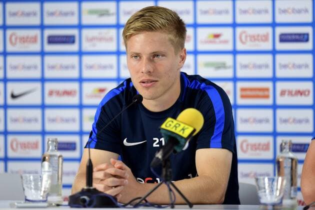 GENK, BELGIUM - AUGUST 8 : Jere Uronen Juhani defender of KRC Genk talking to the press during a press conference PK Pressekonferenz prior to the UEFA Europa League, Third qualifying round , 1st leg between KRC Genk and KKS Lech Poznan at the Luminus Arena on August 08, 2018 in Genk, Belgium, 8 08 2018 FOOTBALL : Conference De Presse KRC Genk - 08 08 2018 PhotoNews Panoramic 