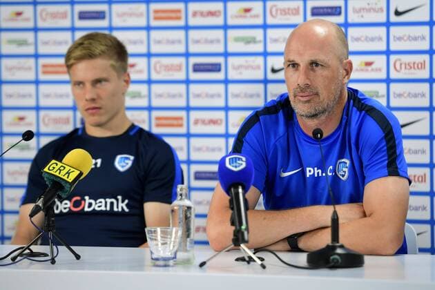 GENK, BELGIUM - AUGUST 8 : Philippe Clement head coach of KRC Genk and Jere Uronen Juhani defender of KRC Genk talking to the press during a press conference PK Pressekonferenz prior to the UEFA Europa League, Third qualifying round , 1st leg between KRC Genk and KKS Lech Poznan at the Luminus Arena on August 08, 2018 in Genk, Belgium, 8 08 2018 FOOTBALL : Conference De Presse KRC Genk - 08 08 2018 PhotoNews Panoramic 