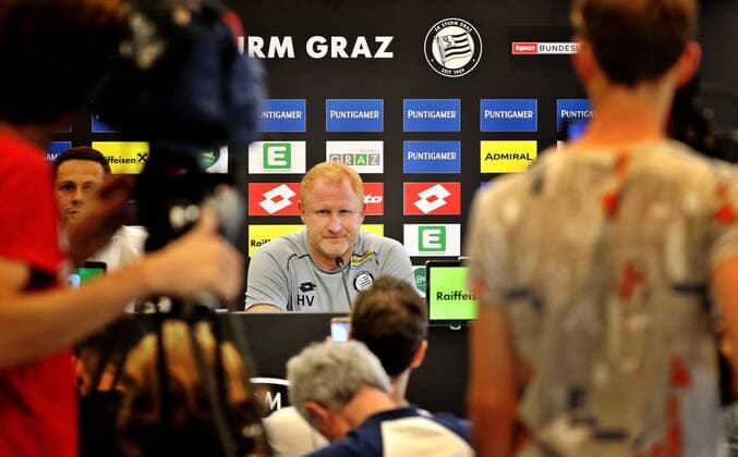 SOCCER - UEFA EL quali, Sturm vs Larnaca GRAZ,AUSTRIA,08.AUG.18 - SOCCER - UEFA Europa League qualification, SK Sturm Graz vs AEK Larnaca, preview, press conference PK Pressekonferenz Sturm. Image shows headcoach Heiko Vogel (Sturm). GEPAxpictures xM.xOberlaender