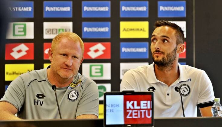 SOCCER - UEFA EL quali, Sturm vs Larnaca GRAZ,AUSTRIA,08.AUG.18 - SOCCER - UEFA Europa League qualification, SK Sturm Graz vs AEK Larnaca, preview, press conference PK Pressekonferenz Sturm. Image shows headcoach Heiko Vogel (Sturm) and Markus Pink (Sturm). GEPAxpictures xM.xOberlaender
