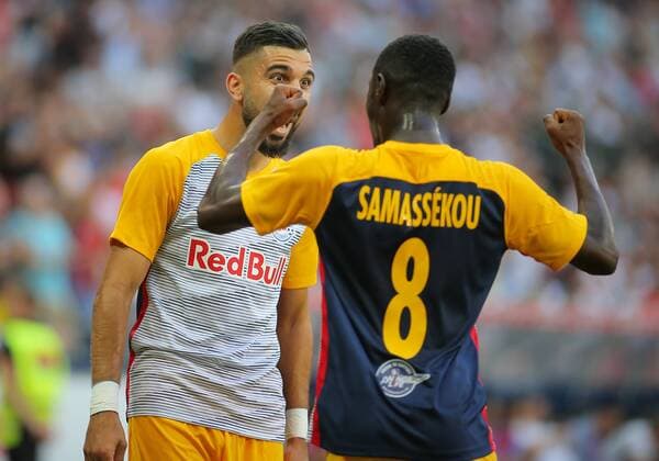SOCCER - UEFA CL quali, RBS vs Shkendija SALZBURG,AUSTRIA,08.AUG.18 - SOCCER - UEFA Champions League, qualification, Red Bull Salzburg vs KF Shkendija. Image shows the rejoicing of Munas Dabbur and Diadie Samassekou (RBS). GEPAxpictures xThomasxBachun