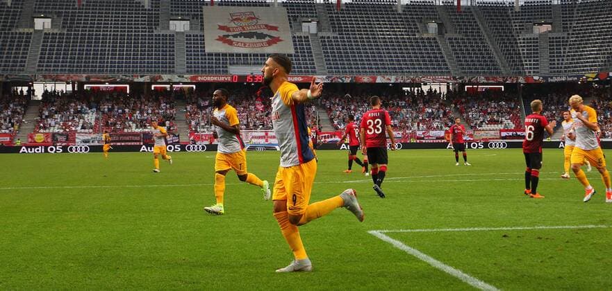 SOCCER - UEFA CL quali, RBS vs Shkendija SALZBURG,AUSTRIA,08.AUG.18 - SOCCER - UEFA Champions League, qualification, Red Bull Salzburg vs KF Shkendija. Image shows the rejoicing of Munas Dabbur (RBS). GEPAxpictures xThomasxBachun