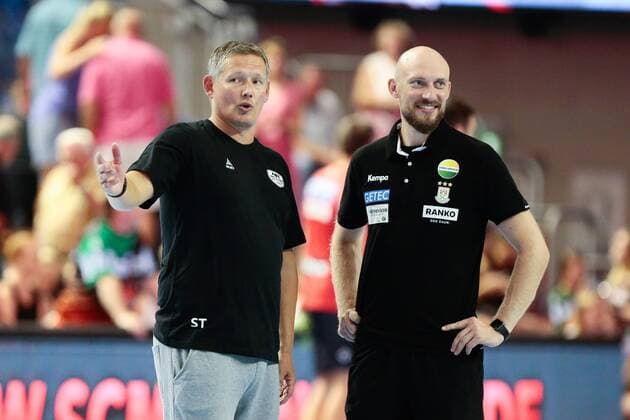 08 08 2018 xtgx Handball Test match SC Magdeburg HK Malmö emspor v Stian Tönnessen Malmö Coach Yves Grafenhorst Magdeburg Co Coach GETEC Arena