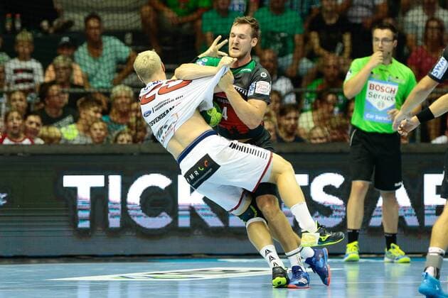 08 08 2018 xtgx handball friendly match SC Magdeburg HK Malmö emspor v l mattias kvick malmö duel duel fight tackle GETEC Arena