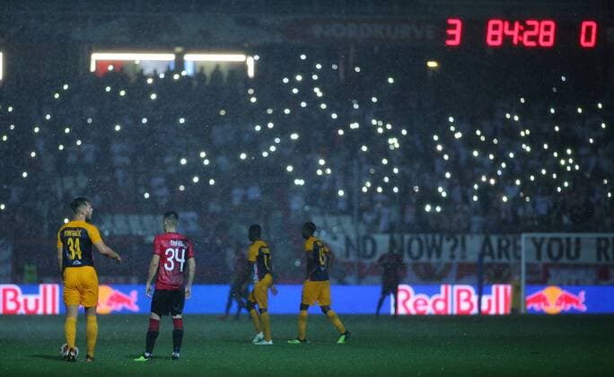 SOCCER - UEFA CL quali, RBS vs Shkendija SALZBURG,AUSTRIA,08.AUG.18 - SOCCER - UEFA Champions League, qualification, Red Bull Salzburg vs KF Shkendija. Image shows the blackout in the arena. GEPAxpictures xThomasxBachun