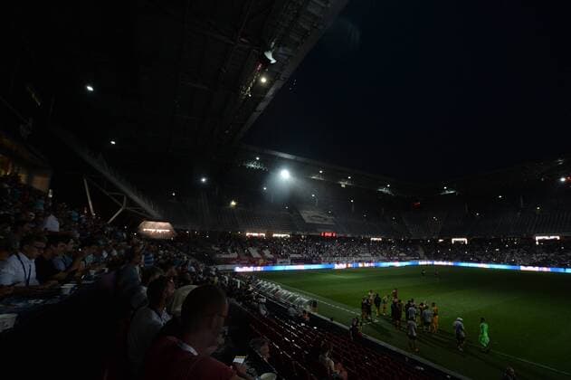 SOCCER - UEFA CL quali, RBS vs Shkendija SALZBURG,AUSTRIA,08.AUG.18 - SOCCER - UEFA Champions League, qualification, Red Bull Salzburg vs KF Shkendija. Image shows an overview of the Red Bull Arena during a power failure. GEPAxpictures xFlorianxErtl