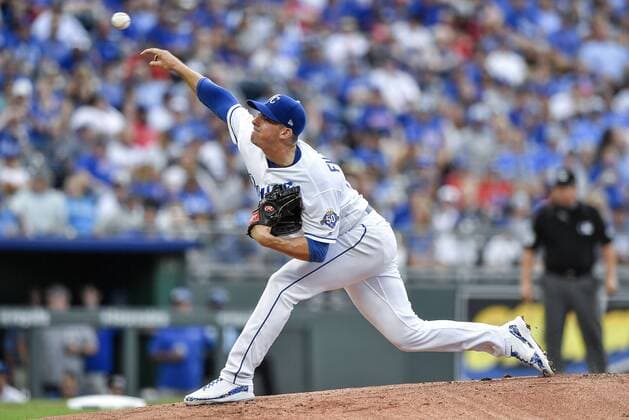 August 8, 2018 - Kansas City, MO, USA - Kansas City Royals pitcher Heath Fillmyer works in the first inning after taking a line drove off his leg hit by the Chicago Cubs Anthony Rizzo on Wednesday, Aug. 8, 2018, at Kauffman Stadium in Kansas City, Mo. Chicago Cubs at Kansas City - ZUMAm67_ 20180808_zaf_m67_011 Copyright: xJohnxSleezerx