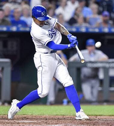 August 8, 2018 - Kansas City, MO, USA - The Kansas City Royals Adalberto Mondesi connects on a three-run home run in the seventh inning against the Chicago Cubs on Wednesday, Aug. 8, 2018, at Kauffman Stadium in Kansas City, Mo. Chicago Cubs at Kansas City - ZUMAm67_ 20180808_zaf_m67_032 Copyright: xJohnxSleezerx